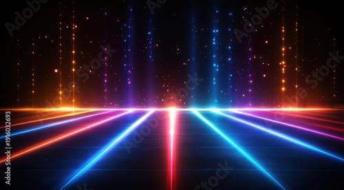 A vibrant futuristic grid of neon lights illuminates a dark reflective floor, while countless sparkling particles cascade downwards, creating an enchanting and dynamic digital spectacle.