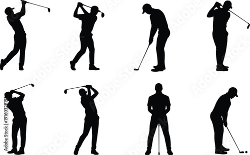 Golf player silhouette set in different poses, isolated on white background, golfer swing and putting actions, sport activity icons for tournament and training design.