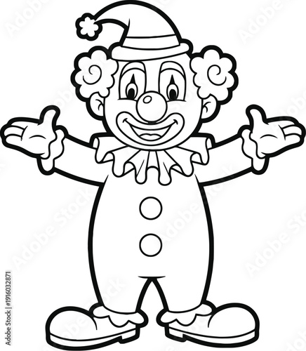 A simple black and white line drawing of a happy clown character with curly hair and outstretched arms.