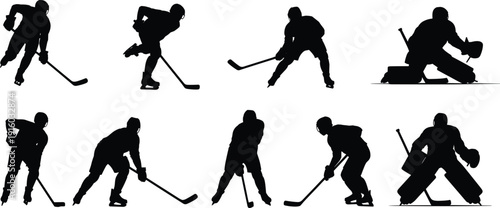 Ice hockey player silhouette set collection, isolated on white background, hockey athletes in action poses, goalie defense and skating movements, sport icons for design.