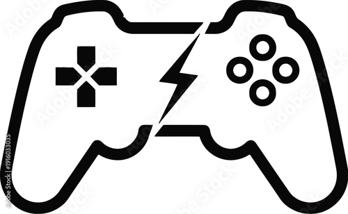 A simple line drawing of a broken video game controller on a white background.
