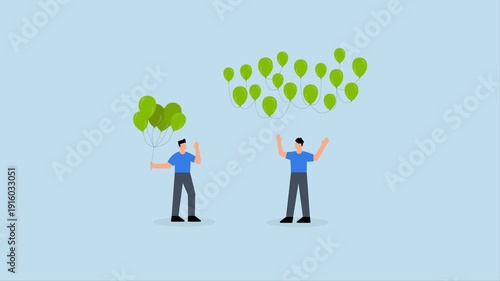 Decentralization, 4k animation of Businessman holding balloons tied together gazes at network of decentralized balloons