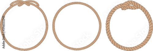 Rope circle frame collection with twisted nautical cord rings and knots, isolated on white background, marine decorative round borders for vintage design templates.