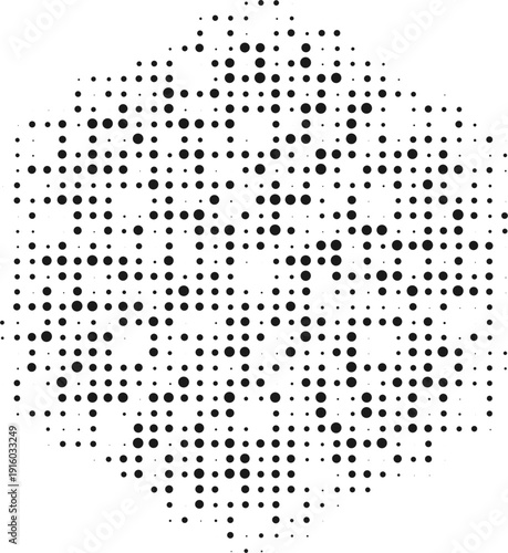Abstract black halftone dot pattern formed into a circular hexagonal shape on a transparent background for digital design.