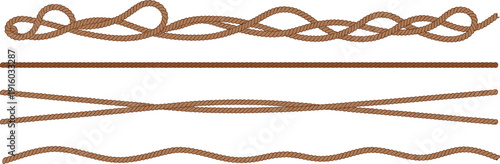 Rope border collection set with twisted cord lines, isolated on white background, nautical marine rope design elements for vintage frame, decoration and graphic templates.