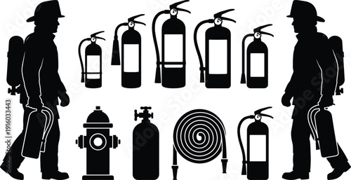 Firefighter, silhouette, set, with, fire, extinguisher, hydrant, hose, and, emergency, equipment, icons, for, safety, protection, rescue, department, service, training, and, design