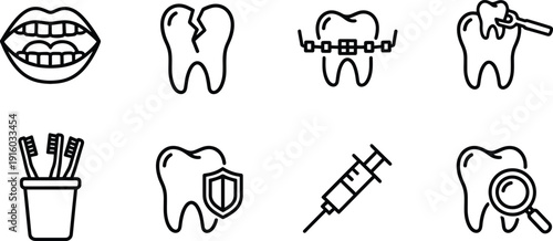 Set of dental care vector icons with silhouette design for oral hygiene and teeth treatment bundle