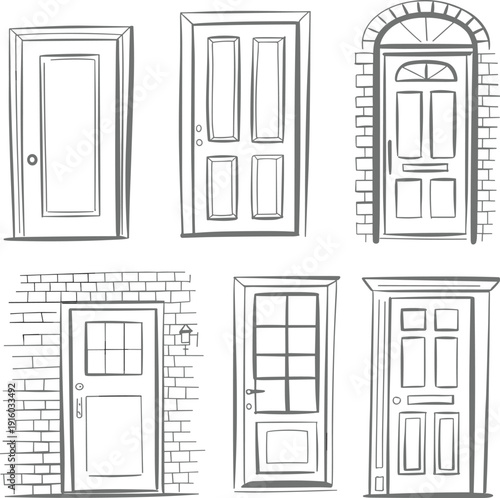 Set of hand drawn house door vector sketches for residential architectural design building construction and home renovation planning