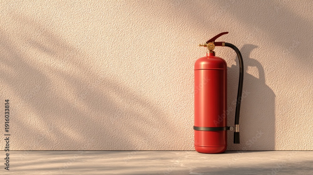 Obraz premium A vibrant red safety device stands upright against a textured wall, its nozzle and hose contrasting with the wall's warm, neutral tones