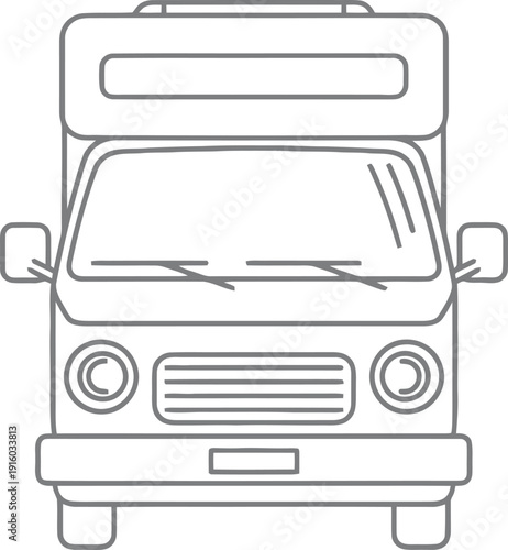 A simple line drawing of the front of a camper van on a white background.
