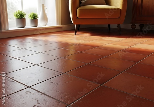 Sunlit terracotta tile floor in cozy modern living room interior