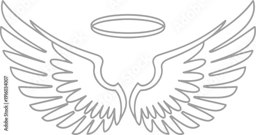 A simple line drawing of angel wings with a halo on a white background.