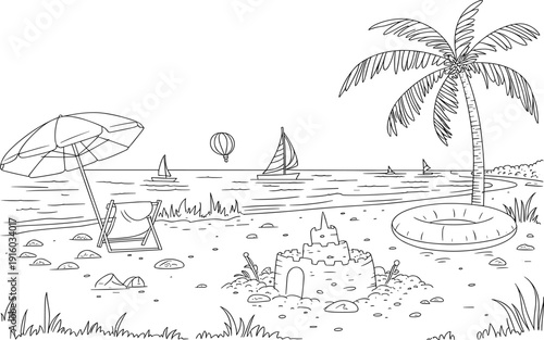 Hand drawn tropical beach resort sketch with sandcastle palm tree deck chair umbrella and ocean sailboats