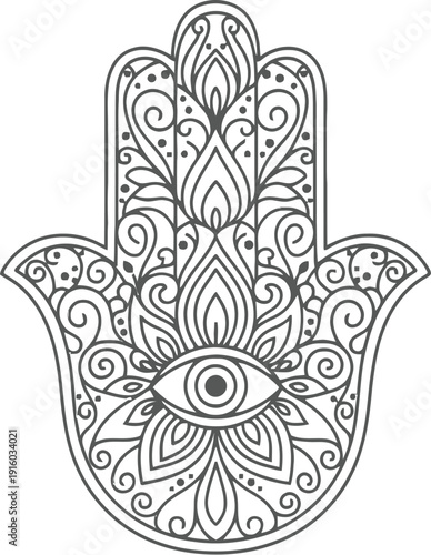 Intricately designed hamsa hand with floral patterns and all-seeing eye.
