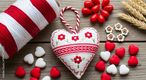 Embroidered heart ornament with red and white flowers on a wooden table with hearts and thread