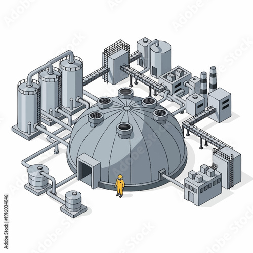 Isometric illustration of an industrial facility with various machinery and equipment.