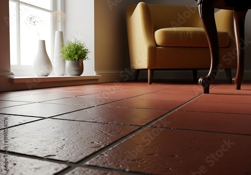 Warm sunlight on terracotta tiles with cozy chair and home decor