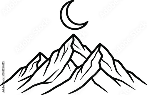 A simple black and white illustration of mountains under a crescent moon.
