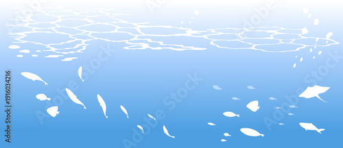 魚群と水面のシルエットの背景イラスト　海　水中