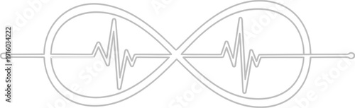 A minimalist design featuring an infinity symbol with heartbeat lines inside