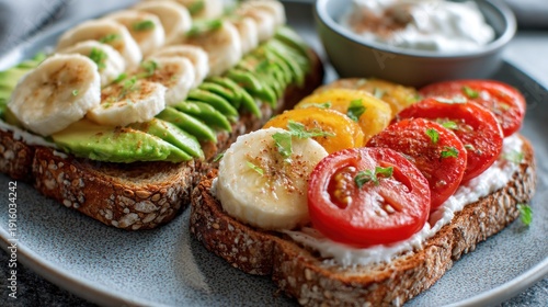 Two slices of toast topped with avocado, banana, and sliced tomatoes, served on a gray plate with a small bowl of yogurt dip