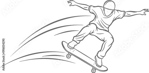 A skateboarder in mid-air, performing a trick with arms outstretched and motion lines.