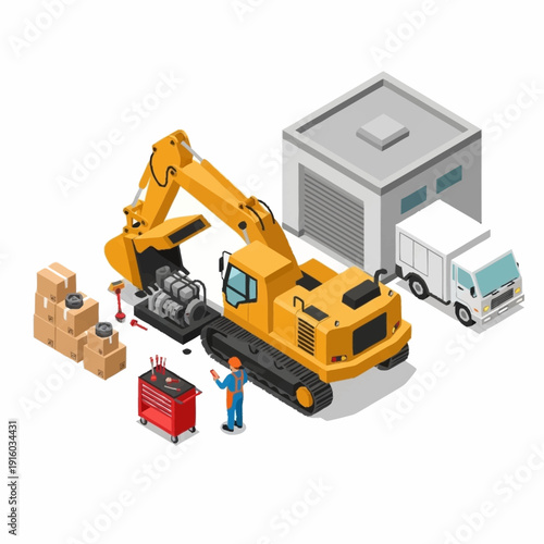 Industrial worker operating heavy machinery near warehouse and delivery truck.
