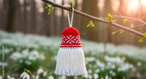 Red and white tassel ornament hanging from a tree branch with flowers