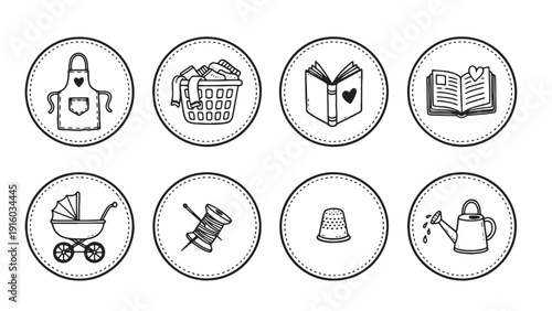 Homemaker hobby lifestyle icon set for parenting blog design, domestic lifestyle branding, craft community platforms, maternal interest applications, and family oriented content marketing materials