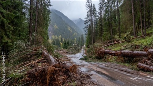 Road blocked by fallen trees after a storm in a forest with mountain background