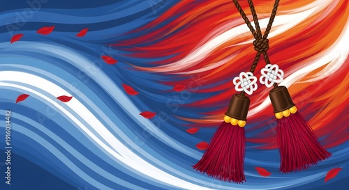 Illustration of red tassels with a blue and orange abstract background
