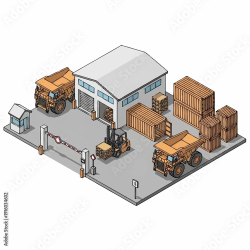 Warehouse with forklift and trucks loading and unloading cargo.