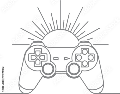 A simple line drawing of a video game controller with a sun rising behind it