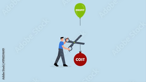 Cost reduction, 4k animation of Businessman cutting high expenses with scissors to allow profits to increase