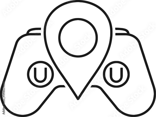 A simple line drawing of a game controller merged with a map pin icon.