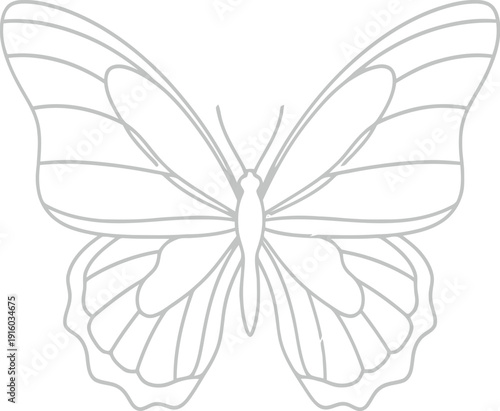 A simple line drawing of a butterfly with its wings spread wide open.