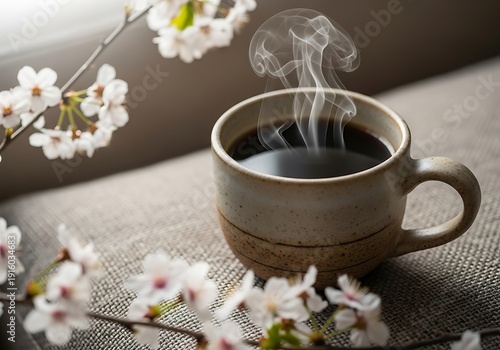 Steaming Coffee Cup with Cherry Blossom – Cozy Spring Morning and Slow Living Concept
