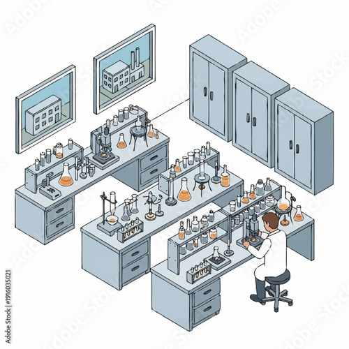 Scientist working in a laboratory with various equipment and diagrams.