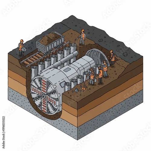 Underground Infrastructure Construction Site with Workers and Machinery.