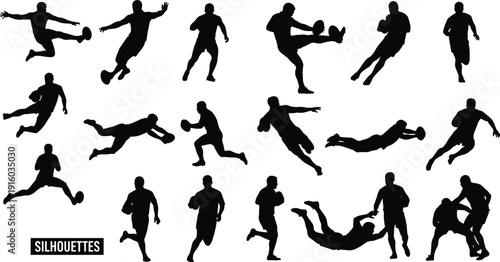 Rugby Players Silhouettes Set Athletes Kicking Running and Tackling with Ball Professional Sports Action Poses Isolated on White Background Vector Illustration