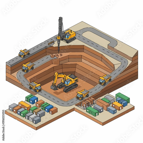 Isometric illustration of a construction site with heavy machinery and vehicles.