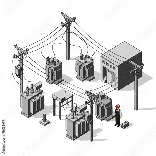 Isometric illustration of an electrical substation with transformers and power lines.