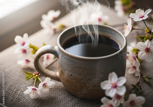 Hot Black Coffee with Flowers – Relaxing Spring Lifestyle Background