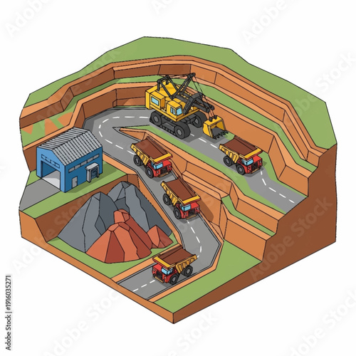 Isometric illustration of an open pit mine with heavy machinery and trucks.