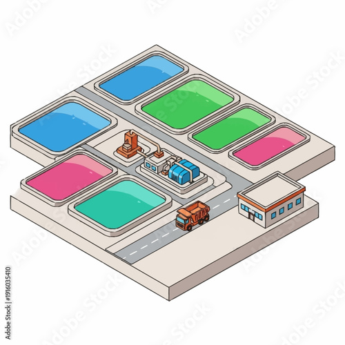 Industrial water treatment facility with storage tanks and vehicles.