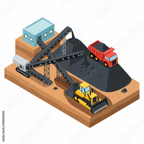 Industrial mining site with machinery and vehicles.