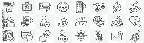 Social media icon collection set. Containing streaming, blog, application, social network, trending, share, community, media icon. Simple outline vector