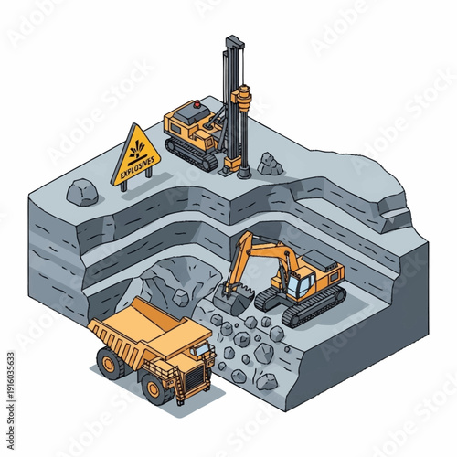 Quarry Mining Operation with Heavy Machinery and Warning Sign.