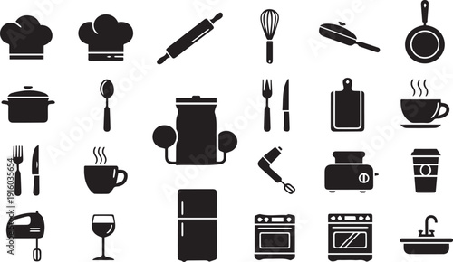 A comprehensive array of diverse kitchen and cooking equipment presented as minimalist black silhouette icons.