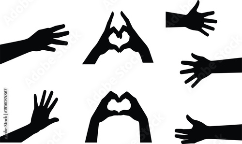 Human hand gesture silhouette set featuring heart shapes and open palms for communication love and community design